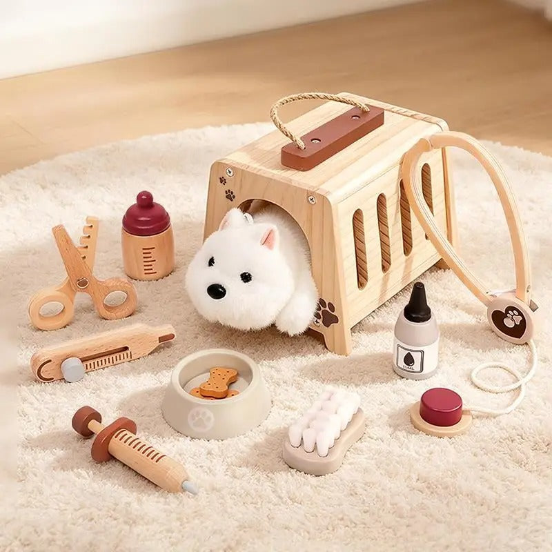 Drveni Veterinarski Set s Transporterom i Plišanom Igračkom – Pet Care Vet Kit