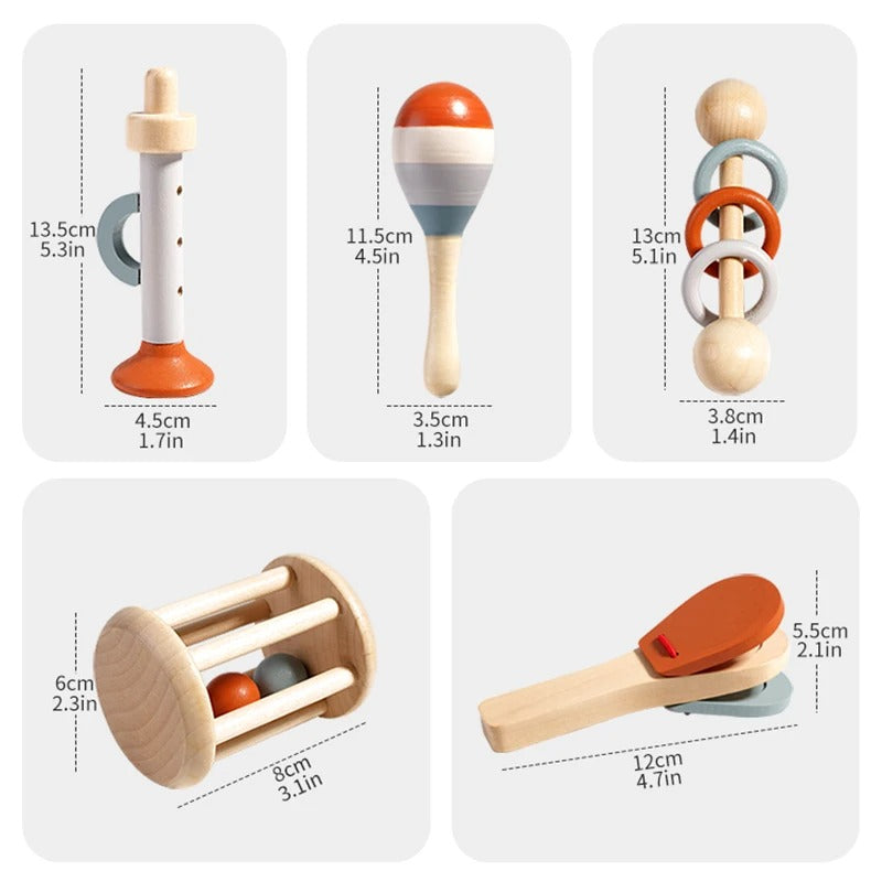 Set Drvenih Glazbenih Instrumenata i Senzornih Zvečki (5 dijelova)